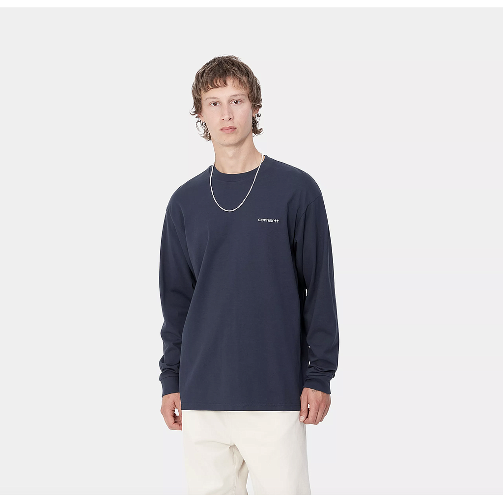 Camiseta Manga Larga Carhartt WIP L/S Script Embroidery - Air Force Blue/White